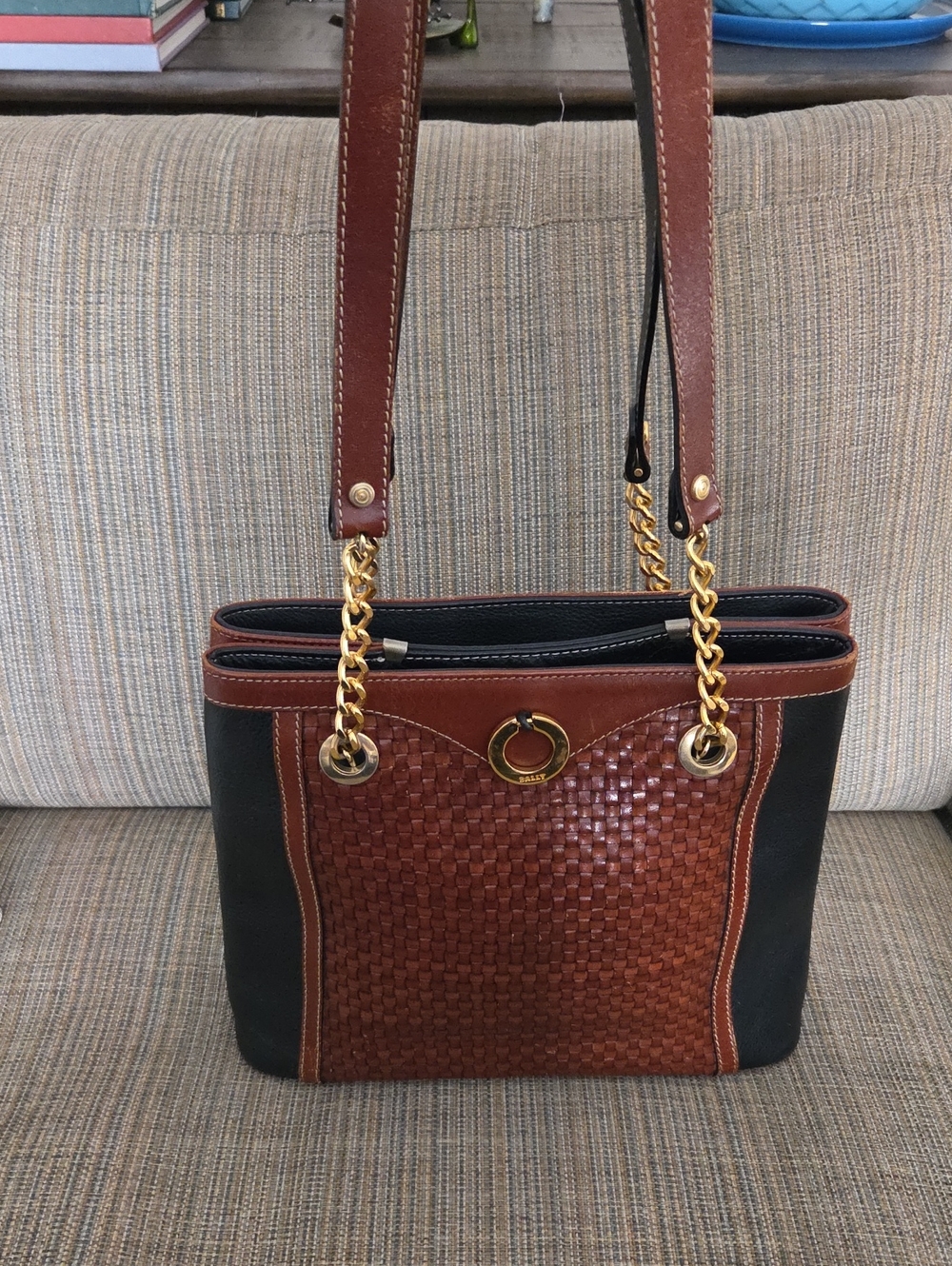 Bally Woven Front Shoulder Tote in Brown and Black with Gold Chain Accents